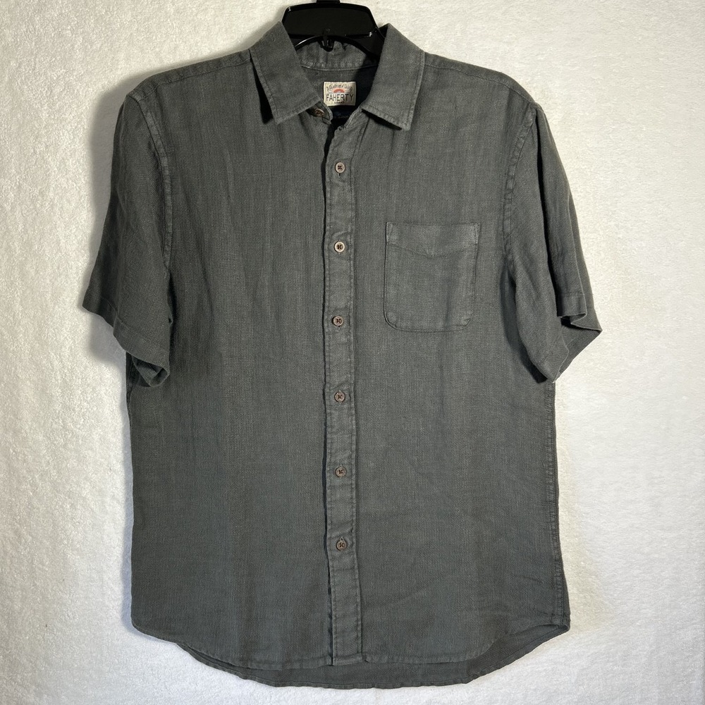 Faherty Mens Size S Gray Palma Linen Button Up Short Sleeve Shirt